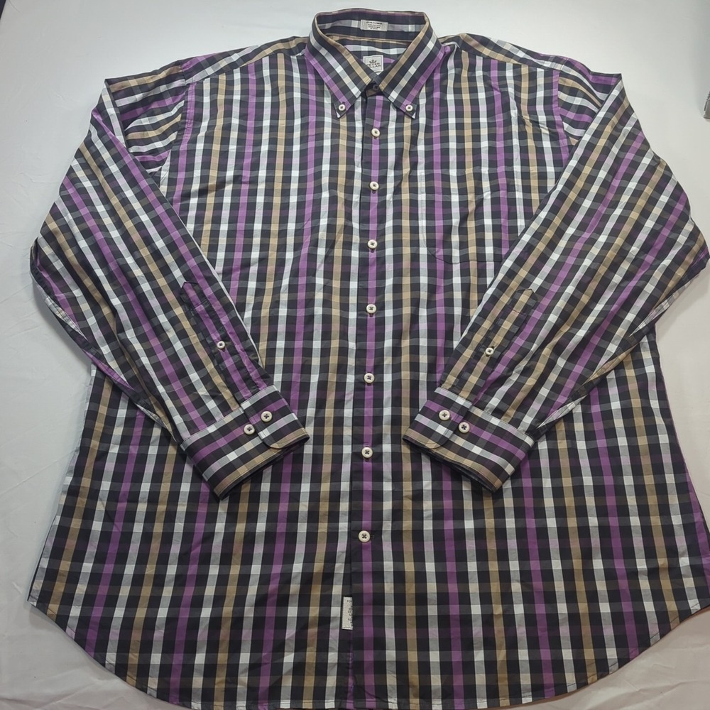 Peter Millar Shirt Mens XL Gingham Button Down Long Sleeve Purple White Tan Vtg